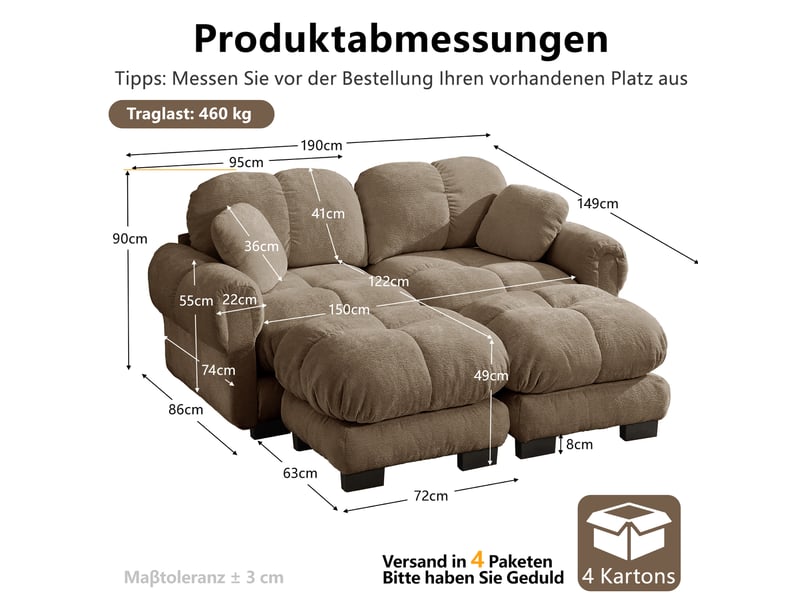  Canapé modulaire 2 places en tissu marron avec ottomane mobile, composition en u ou en l, style élégant  - Conforama C
