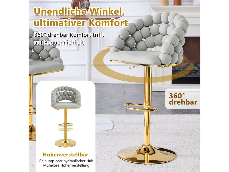  Tabouret de bar lot de 2 avec dossier à chaîne de billes, hauteur réglable, style moderne en velours gris  - Conforama E