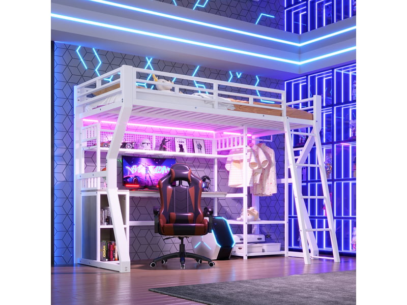  Lit mezzanine 90 x 200 cm, cadre en métal, led, prise, bureau, penderie, rangements, sans matelas, blanc  - Conforama C
