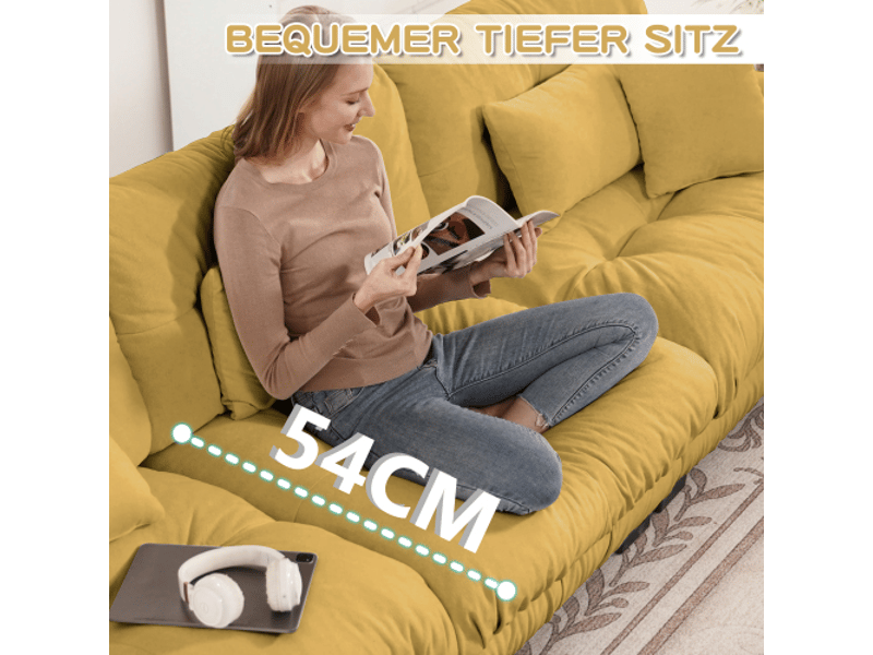 Canapé d'angle 4 places jaune en tissu chenille – convertible, assise profonde, salon moderne  - Conforama C