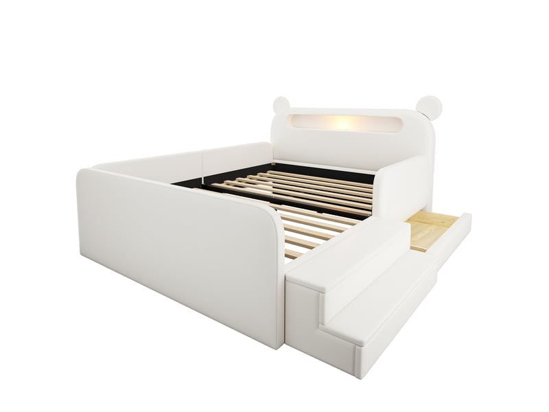  Lit enfant 140x200 cm avec tête de lit ours, rangements, led et usb blanc, sans matelas  - Conforama E