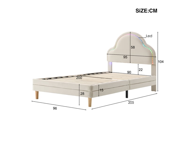  Lit enfant 90x200 cm, lit capitonné en forme de nuage avec led et lattes bois en velours beige  - Conforama C
