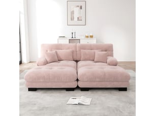 Canapé d'angle, canapé 2 places – style cloud, coussins inclus, en chenille, rose, larges accoudoirs