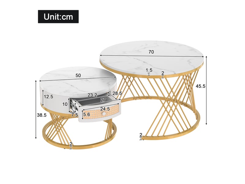 Lot de 2 tables basses rondes gigognes avec tiroir en mdf blanc et métal doré - Conforama E