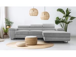 Canapé d'angle droit convertible <strong>AX LIVING </strong> <strong>Arborio</strong> 4 places Velours côtelé gris avec coffre de rangement