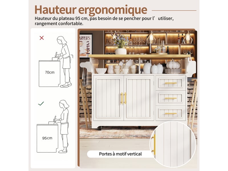  Meuble de cuisine muvano, îlot de cuisine roulant avec rangement, plateau rabattable, blanc, 120 cm  - Conforama R