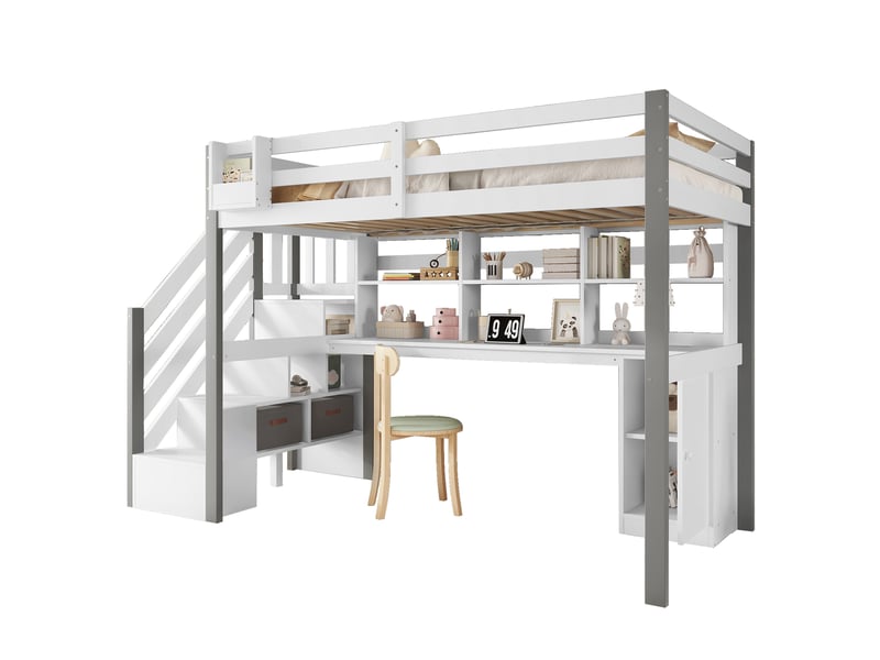  Lit mezzanine 90x200 cm avec bureau, lit enfant avec rangements escalier et bacs en tissu, structure en bois de pin massif et mdf, blanc  - Conforama A