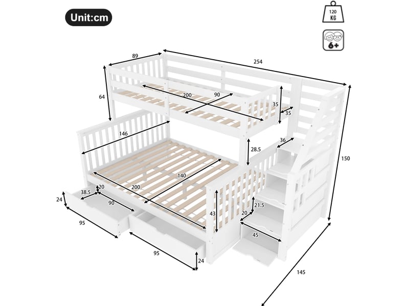  Lit superposé enfant blanc 90 x 200 cm et 140 x 200 cm avec tiroirs de rangement  - Conforama E