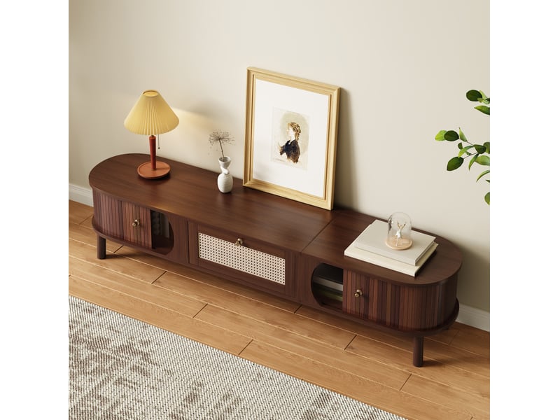  Meuble tv 170 x 39,5 x 38 cm avec portes coulissantes et tiroir en rotin naturel  - Conforama E
