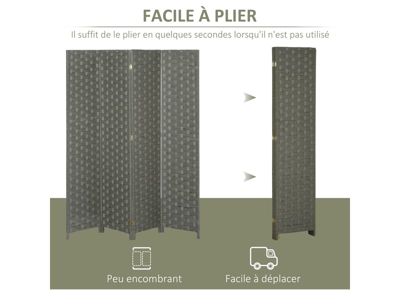  Paravent intérieur en bois 4 panneaux séparateur de cloison pièce, dim. 159,5l x 169,5h x 1,6p cm  - Conforama A