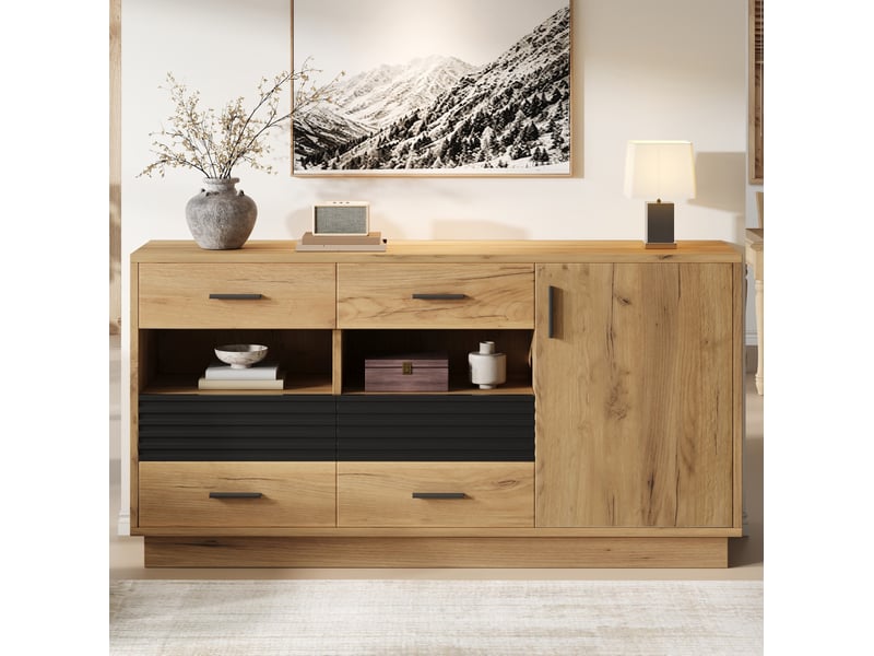  Buffet 140x35x70 cm, 6 tiroirs et 1 porte, effet bois naturel et noir  - Conforama E