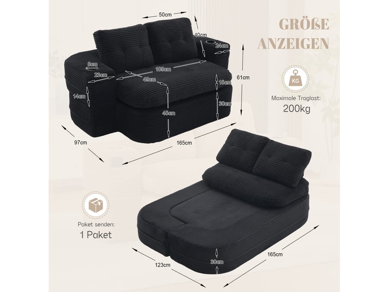  Fauteuil convertible 2-en-1 165x97x61 cm avec accoudoirs réglables, velours côtelé, noir  - Conforama C