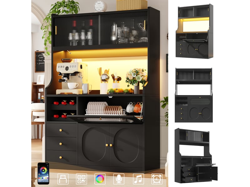 Buffet de cuisine 120x40x180 cm - 5 portes, 3 tiroirs, rangement à vin, plan de travail et éclairage led - noir - Conforama E