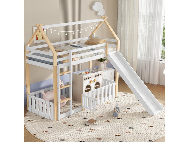  Modenvie lit mezzanine enfant 90x200 cm - avec toboggan, toit cabane, sans matelas - blanc et naturel  - Conforama B