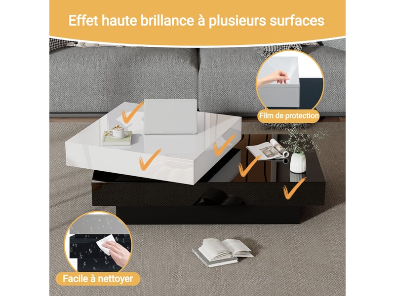  Table basse - rotative - blanc+noir - finition brillante 103x60x35.5cm - Conforama B