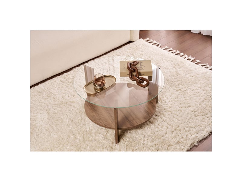 Table basse de salon en verre trempé et bois mdf mélaminé noyer et transparent 75 x 75 x 40 cm  - Conforama D
