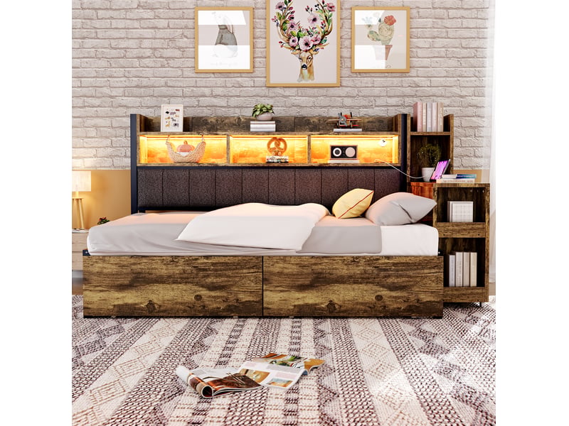 Lit multifonction 90 x 200 cm avec bureau coulissant, rangements, prises et led - Conforama B