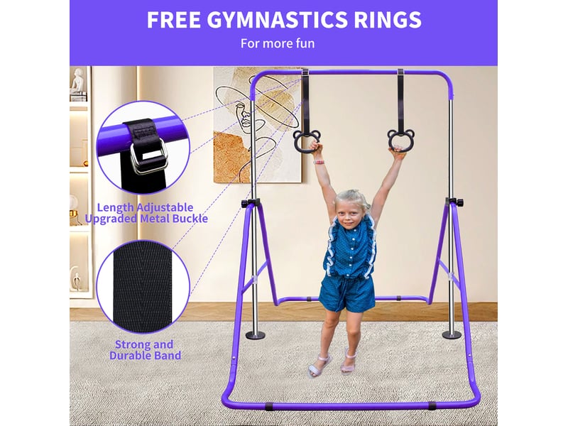Barre de gymnastique enfant 99,06 x 144,78 x 129,54 cm violette en fer, hauteur réglable avec anneaux - Conforama E