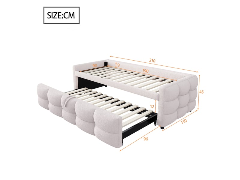 Lit gigogne avec sommier à lattes en velours teddy beige - Conforama E