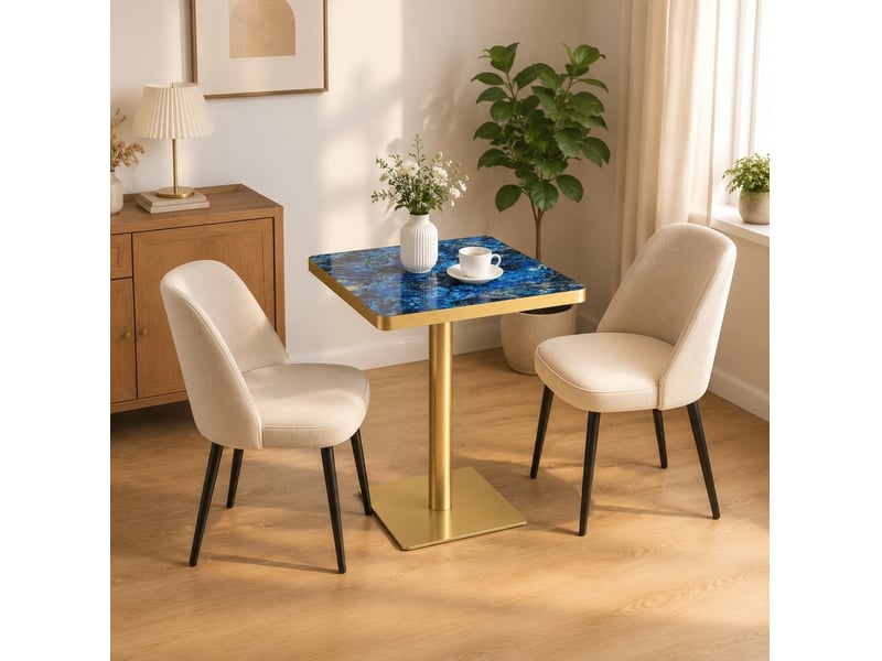  Table à manger carrée 60 x 60 x 74 cm avec plateau effet marbre bleu, piètement métal doré  - Conforama C