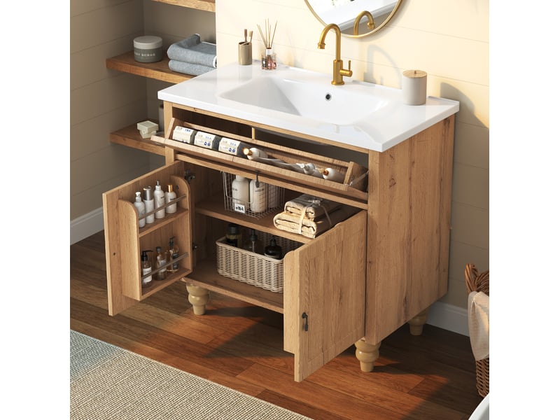  Meuble sous vasque 81x47x86 cm avec vasque en céramique décor bois naturel  - Conforama E
