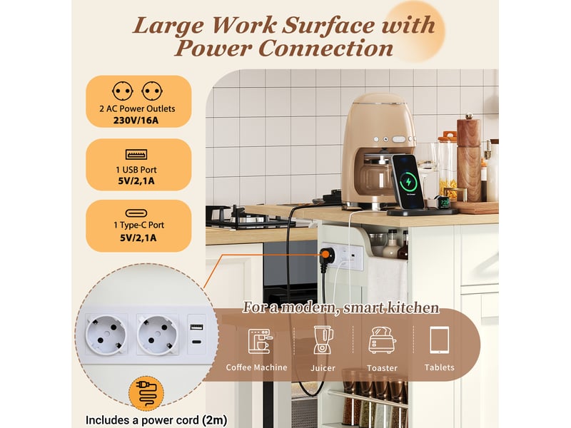  Îlot de cuisine avec 2 tabourets 120x45-75x96 cm, plateau rabattable, prises usb, pour cuisine, en aggloméré, blanc  - Conforama E