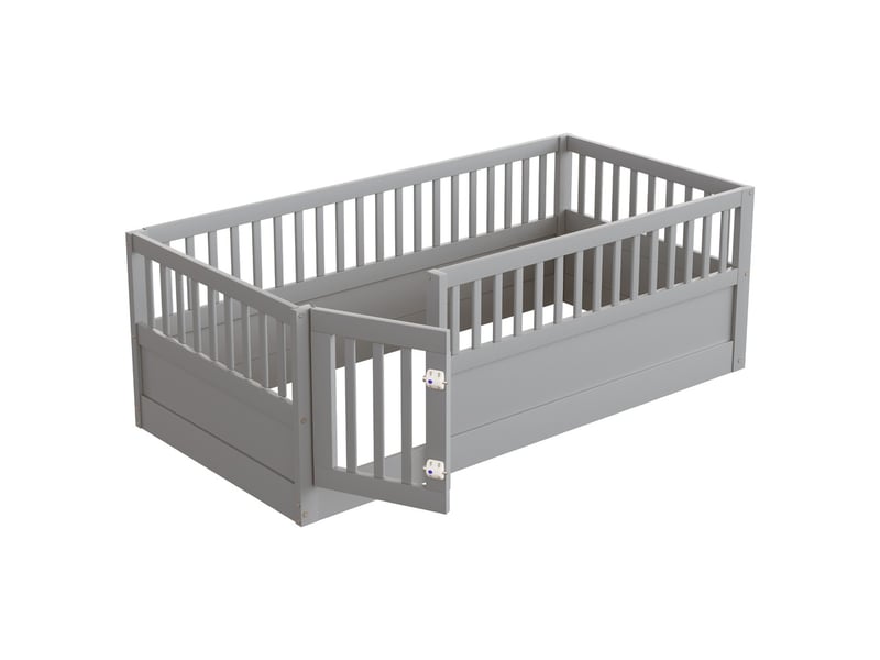 Lit enfant en bois lit simple 90x200 cm avec barrières porte gris  - Conforama E