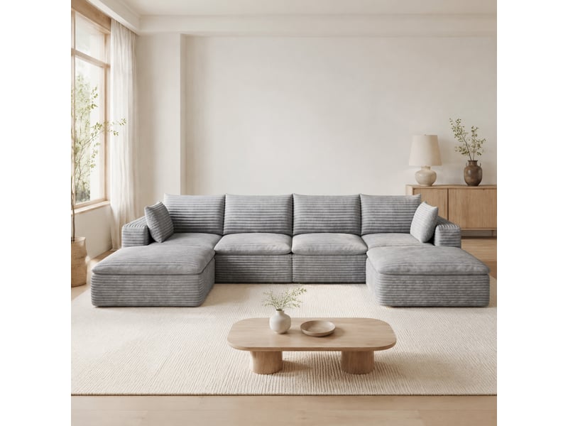 Canapé modulaire 6 places, coussins amovibles et soutien en mousse, en velours côtelé gris foncé, 340 × 160 × 60 cm - Conforama B