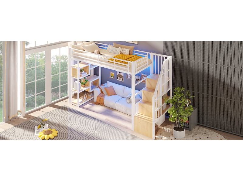  Lit mezzanine 90x200 cm, escalier avec rangements, led multicolore, en métal, blanc, sans matelas  - Conforama D
