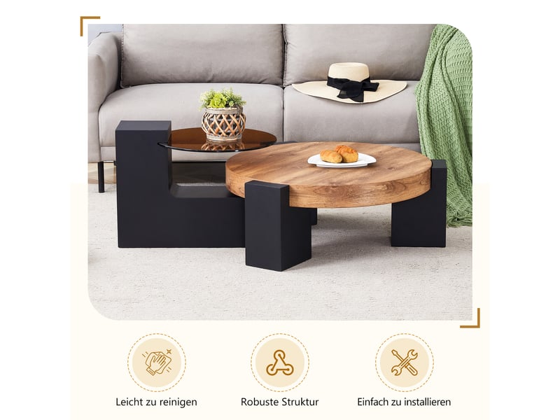  Table basse rond 61×61×30 cm, mdf et verre, noir et bois Fay Lum - Conforama E