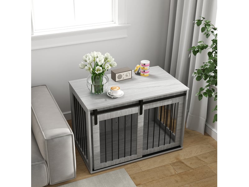 Caisse d'intérieur chats et chiens 98 x 58 x 61 cm – gris – porte coulissante verrouillable et ventilée - Conforama B