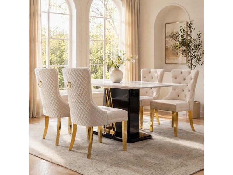  Lot de 4 chaises 65,5x51x95 cm, chaises salle à manger, velours beige, dossier heurtoir rond, pieds dorés en acier  - Conforama B