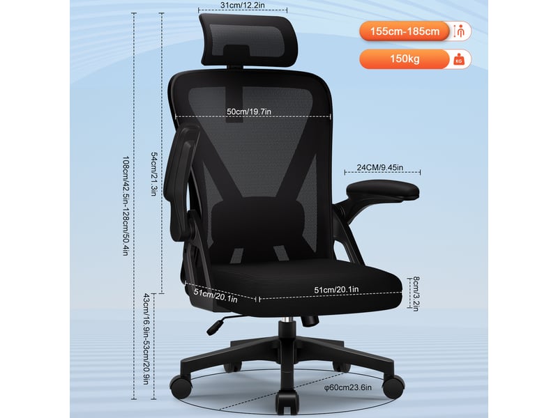  Chaise de bureau ergonomique maille, accoudoirs rembourrés, tête réglable hauteur&amp;angle, incl.90-135°, charge150kg  - Conforama W