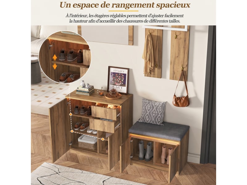 Ensemble meuble d'entrée 130x35x124,5 cm avec miroir, éclairage led et rangements  - Conforama D