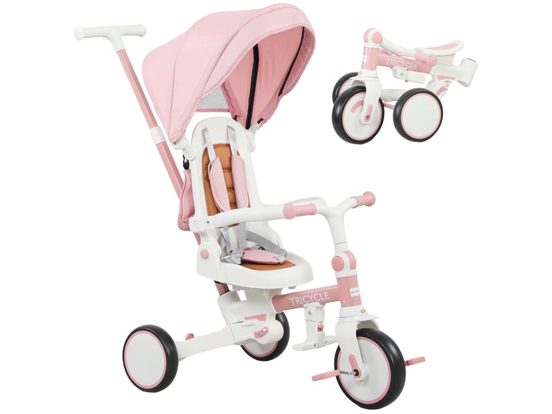 Tricycle enfant transformable en poussette, modèle 5 en 1, poignée de poussée amovible et réglable, ceinture de sécurité, sac de rangement, 1-3 ans, rose - Conforama A