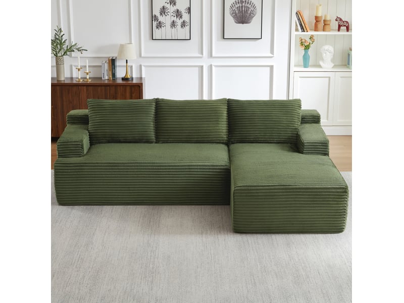  Canapé d'angle compressé en l 238x152x66 cm modulable 3 places, mousse et velours côtelé couleur vert, moderne  - Conforama B