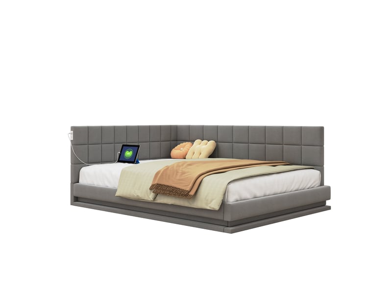  Canapé-lit rembourré 140x200 cm, lin gris, bandeau led, port usb et lattes, sans matelas  - Conforama A