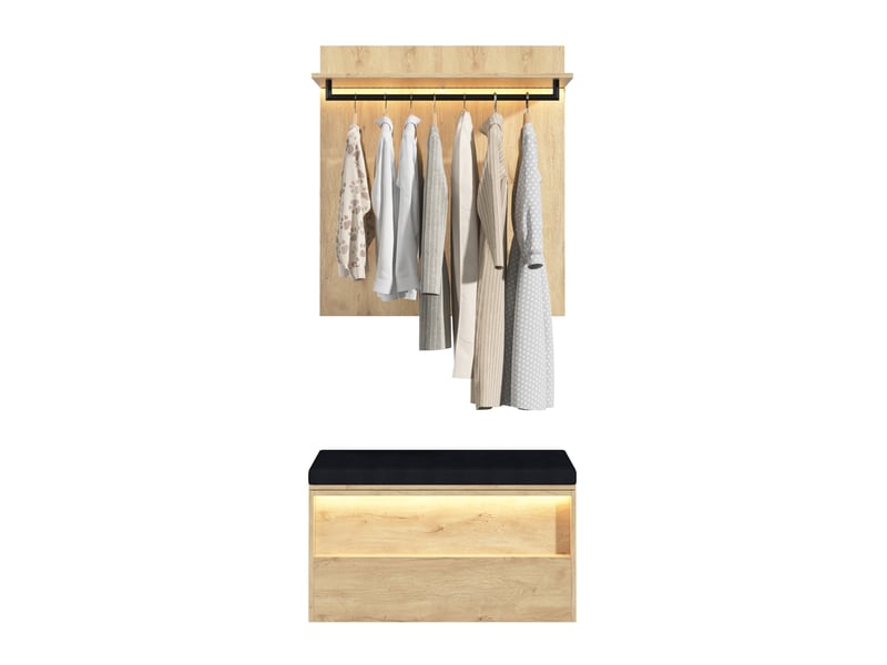  Meubles d'entrée avec banc à chaussures, penderie murale réglable, 2 led et coussin, mdf chêne, 90 × 45 × 145 cm  - Conforama A