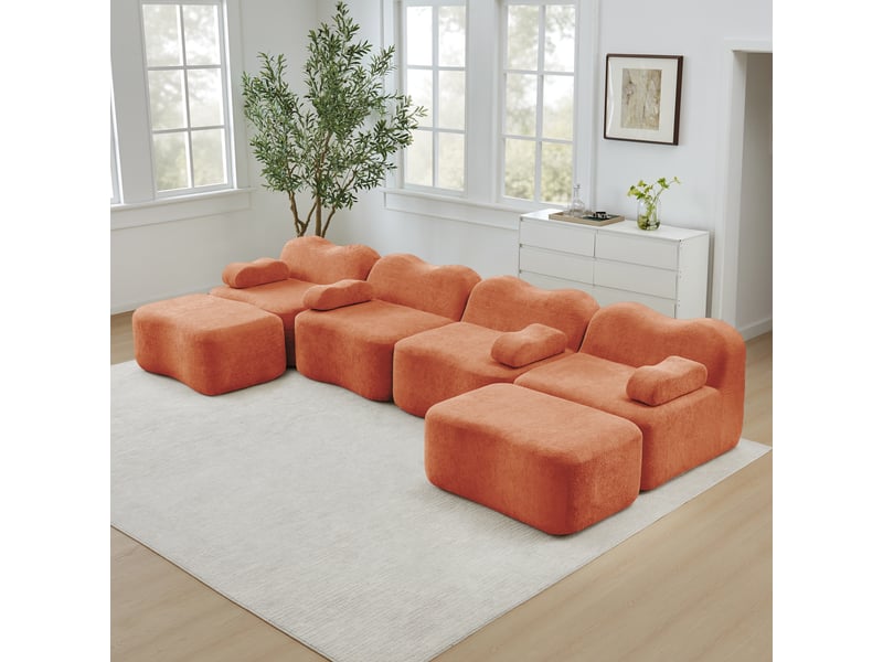  Canapé modulaire 4 places en u avec assise profonde, 2 poufs et accoudoirs coussins mobiles, en velours orange  - Conforama C