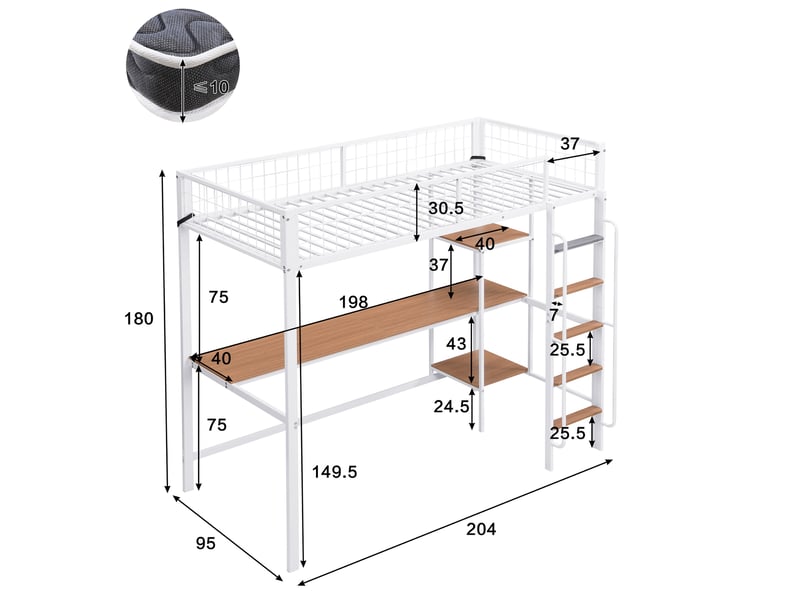 Lit mezzanine 90x200 cm avec bureau et étagères, lit surélevé gain de place chambre enfant et ado, en métal et bois mdf avec échelle, blanc et naturel - Conforama E
