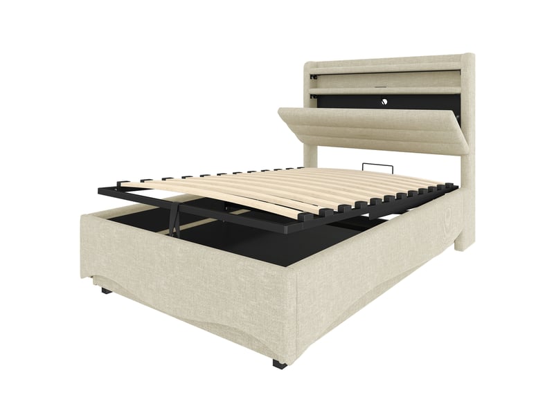  Lit coffre 90x200 cm en lin beige avec led, usb et port type-c, tête de lit avec rangement  - Conforama E