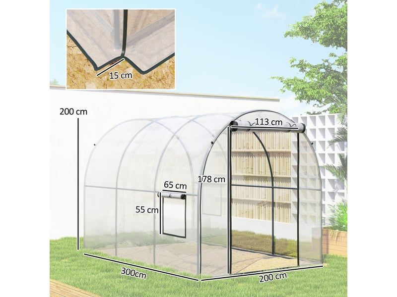  Serre de jardin tunnel 6 m² 3l x 2l x 2h m châssis tubulaire renforcé porte zippée 2 fenêtres enroulables - transparent  - Conforama E
