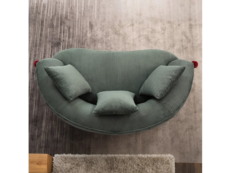 Canapé biplace incurvé 163x93x68 cm vert en velours côtelé, inspiration chapeau de clown avec 3 coussins - Conforama B