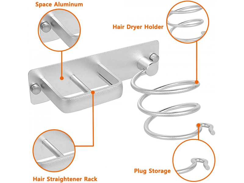 Support mural en aluminium pour sèche-cheveux avec range-câbles, idéal pour ranger sèche-cheveux, lisseurs, brosses à cheveux et autres accessoires. - Conforama D