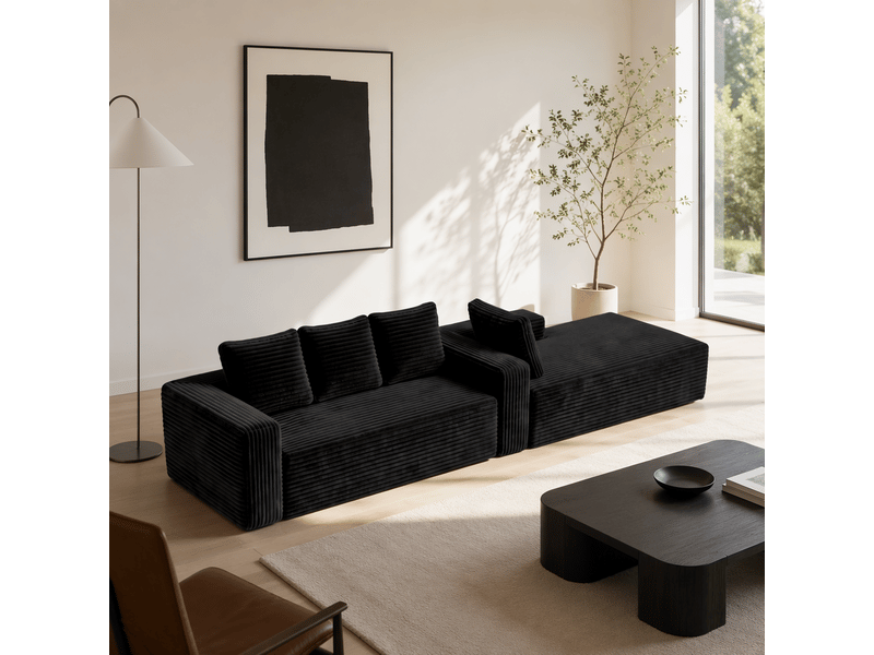 Canapé modulable noir 4 places en velours côtelé, canapé d’angle avec méridienne gauche et assise profonde, pour salon - Conforama W