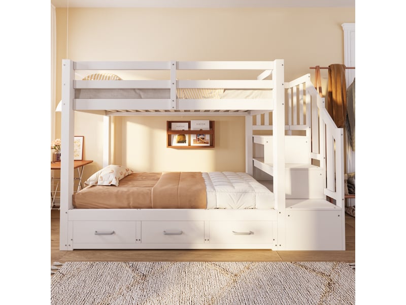Lit superposé 90x200, lit gigogne extensible 90180x190cm avec escalier de rangement et tiroirs de lit, pour chambre enfant et adolescent, blanc - Conforama C