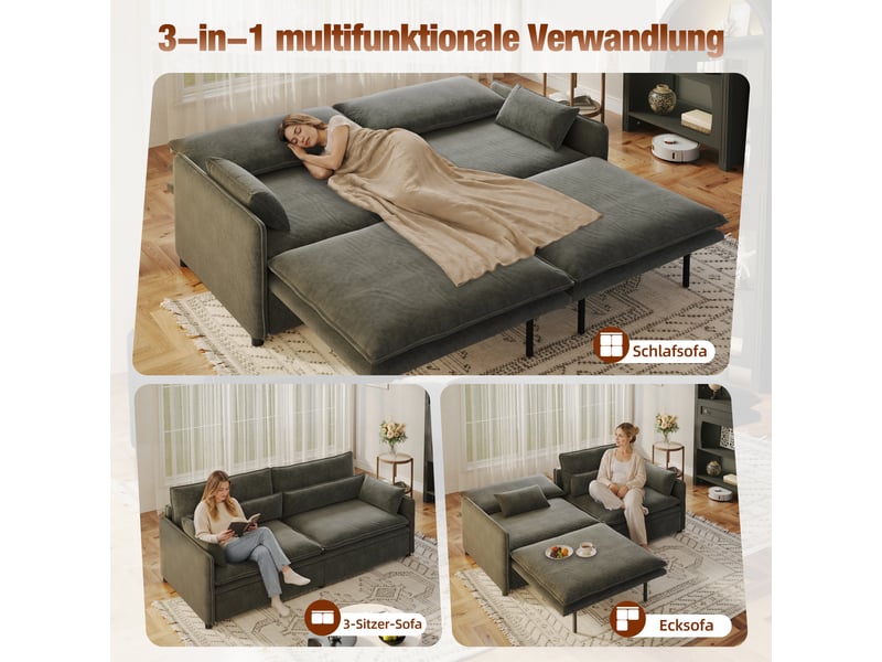  Canapé-lit convertible 3 en 1,206x91x86cm,canapé 3 places avec couchage extensible,coffre de rangement,tissu chenille,gris foncé  - Conforama D
