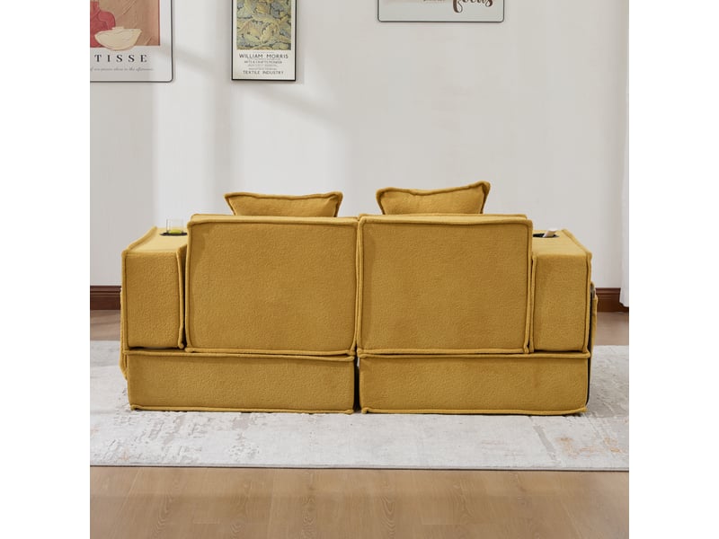  Canapé-lit 2 places en chenille jaune moutarde avec coussins et rangements latéraux  - Conforama D