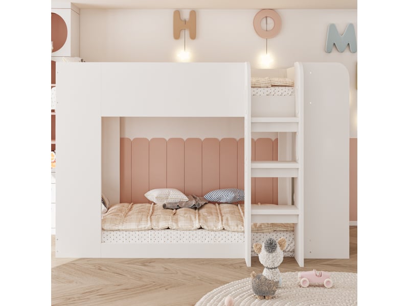 Lit superposé enfant 90x200 cm blanc avec échelle et étagères latérales - Conforama E