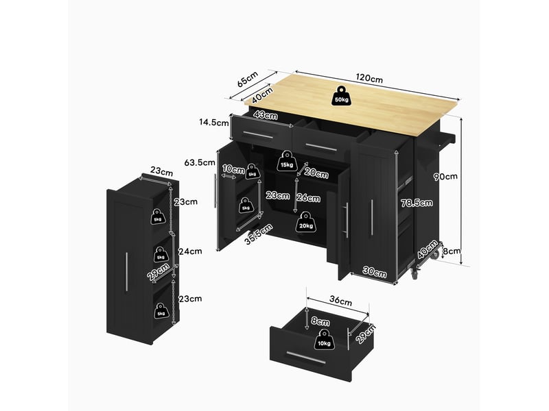 Desserte de cuisine 120x40(65)x90 cm mdf noir et naturel avec plateau rabattable - Conforama C